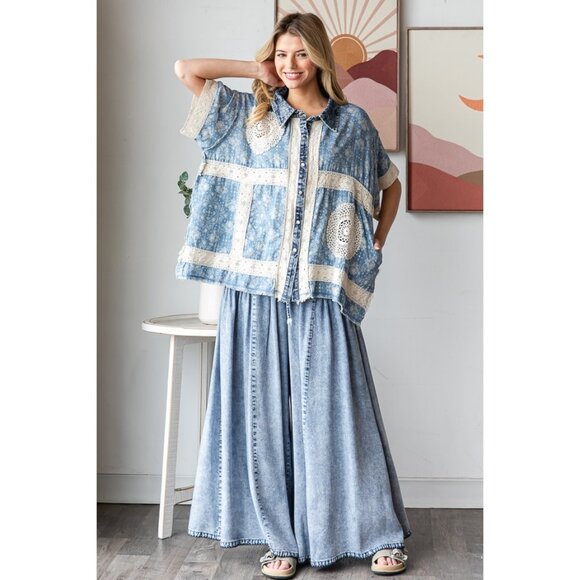 Oli & Hali Washed Crochet Patchwork Button Down Shirt NWOT Size XL - Picture 2 of 6